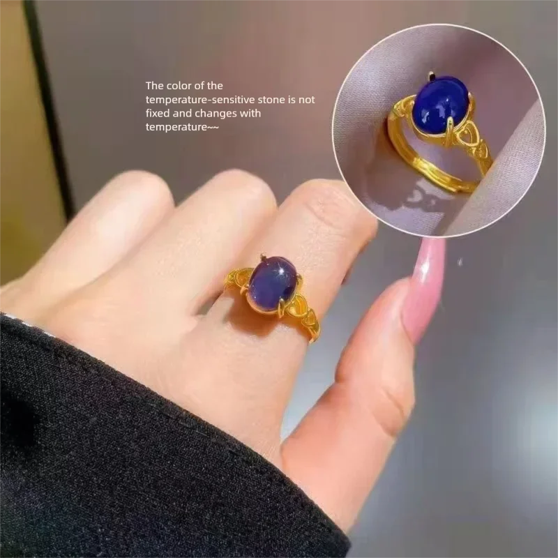 

Thermochromic stone gradually heats up to change color with body temperature, multi-drilled micro-inlaid ring for women