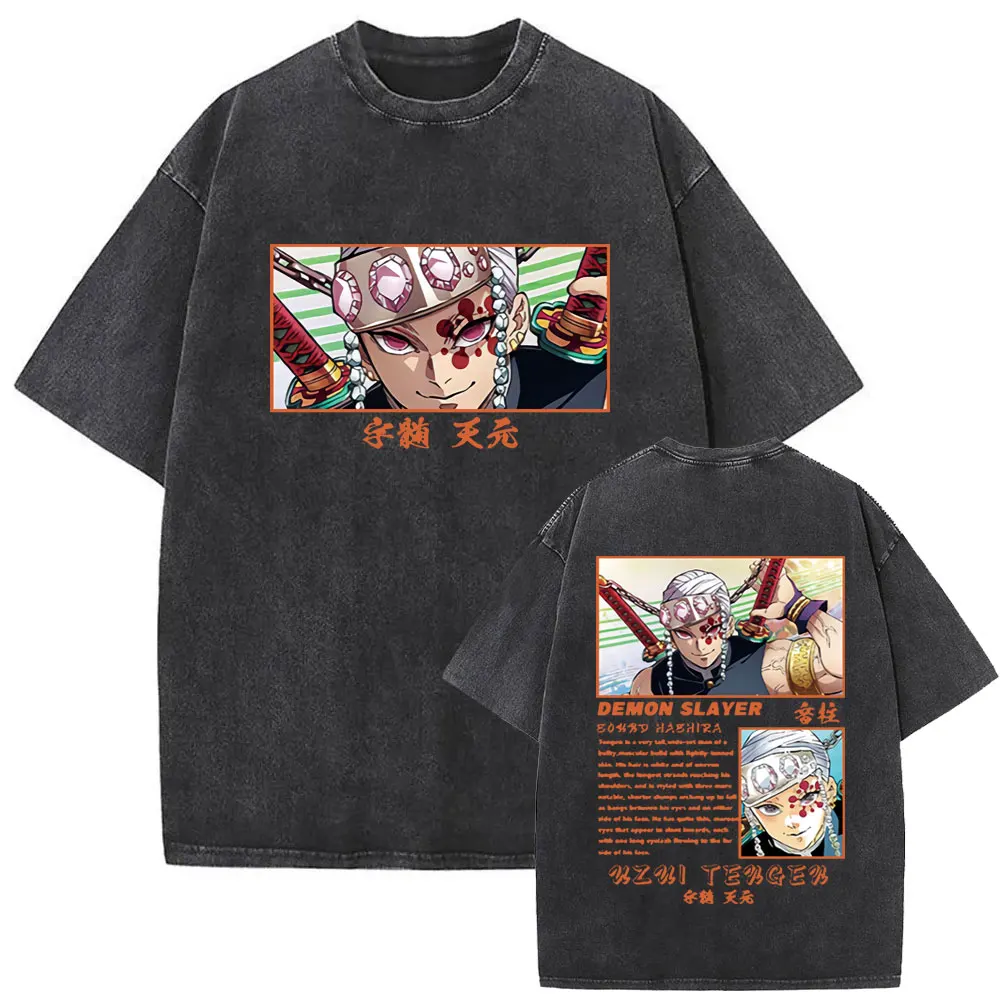 

Anime Demon Slayer Uzui Tengen Vintage Washed T-shirt Men Women Casual Cotton Crewneck T-shirts Male Japanese Oversized T Shirt