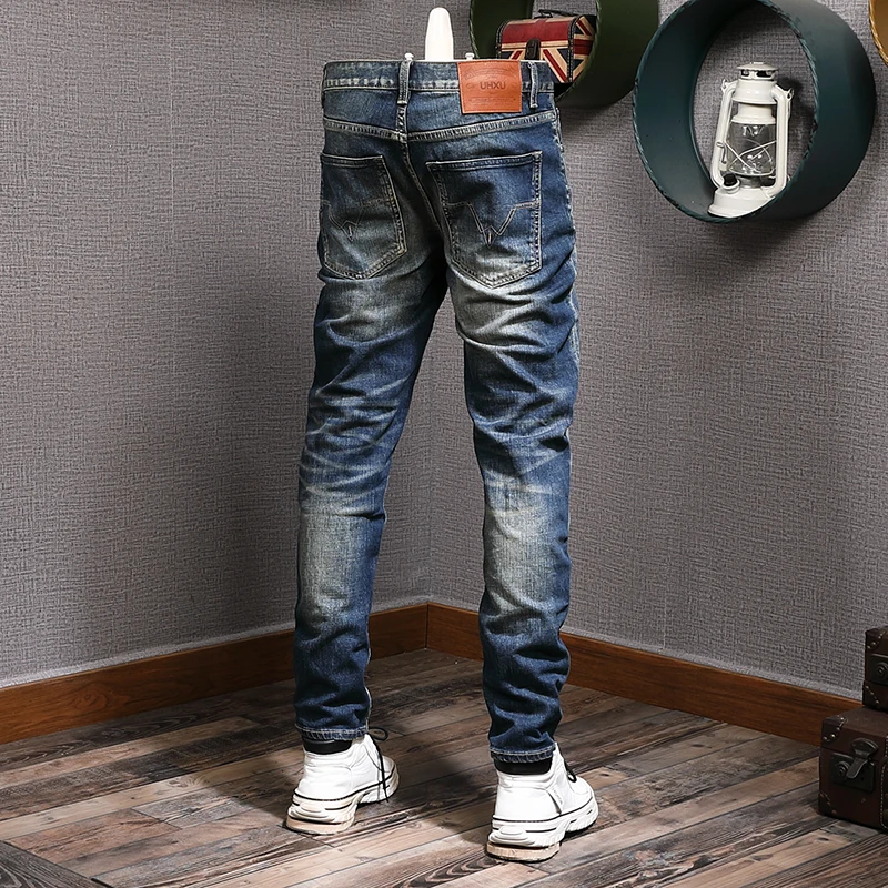Fashion Designer Men Jeans High Quality Retro Blue Washed Elastic Slim Fit Ripped Jeans Men European Vintage Denim Pants Hombre