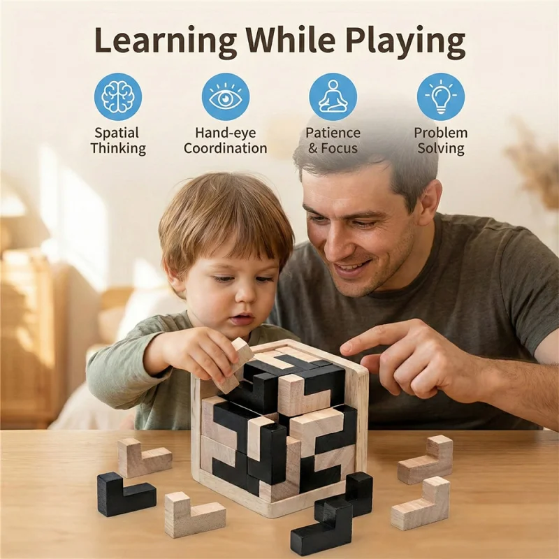 Wooden 3D Puzzle Cube Luban Lock Brain Teaser Toy Montessori Educational Interlocking Game For Kids Adults STEM Logic Gift