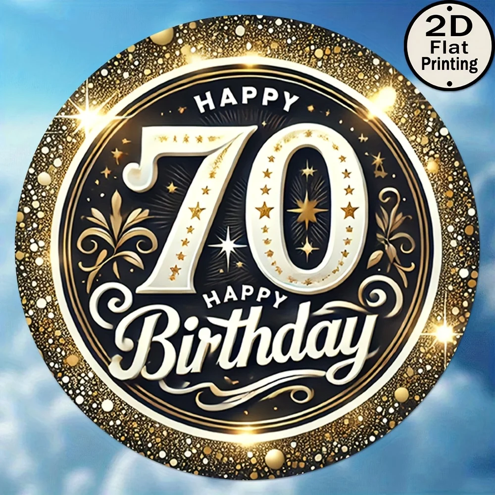 [2D Flat] 1 Stück Vintage-Metallwand-Blechschild zum 70. Geburtstag – 8 x 8 runde Eisen-Kunstdekoration, goldenes Leuchten und schwarz/weißes Design, perfekt für