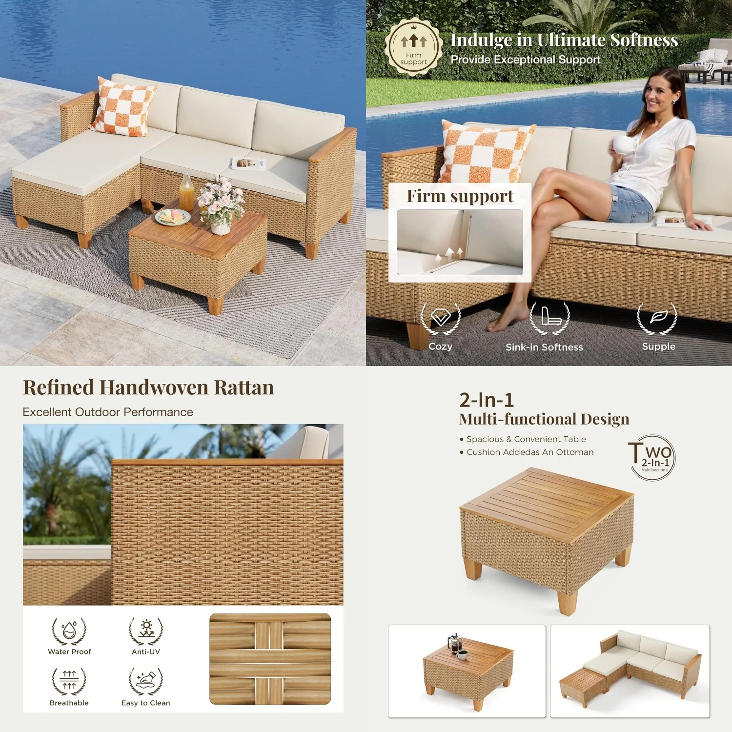 

3pc Outdoor Wicker Sofa Set L-Shape Chaise Lounge w/ Acacia Wood Coffee Table for Deck Porch Garden, Customized