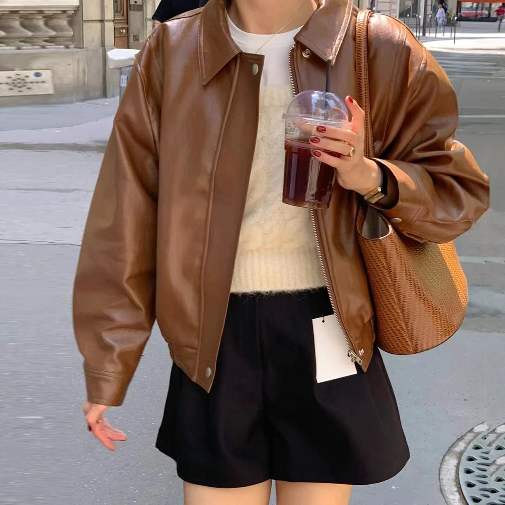 Retro Fashion Hong Kong Style Long Sleeve PU Leather Jacket Women's Motorcycle Jacket Top Zipper Closure Regular Length