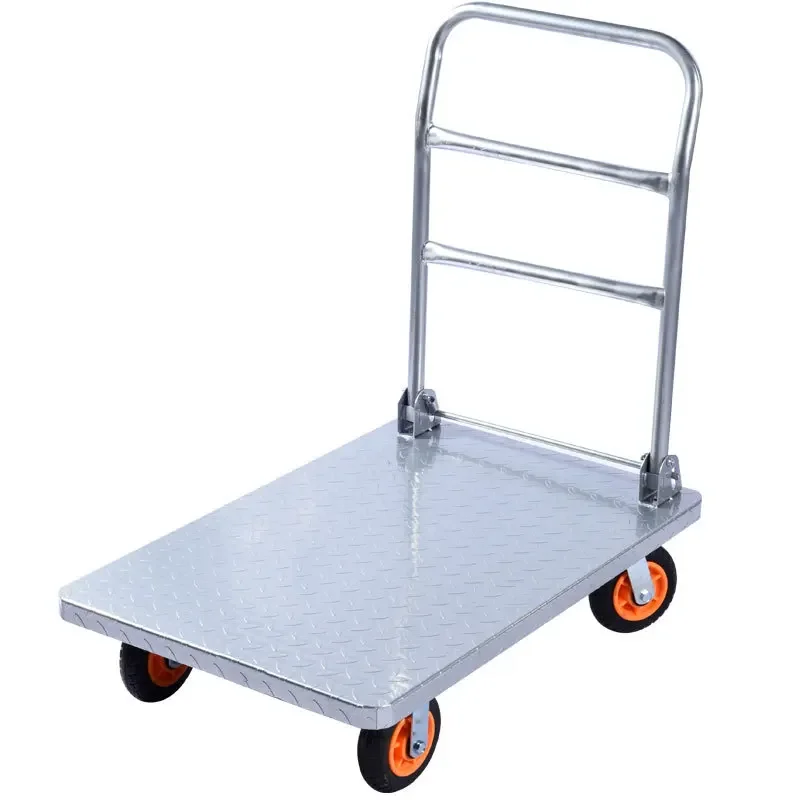 2026 Heavy Duty Four-Wheel Outdoor Cargo Cart Flatbed Trolley with Thickened Steel Plate Mute Folding Pull Cart for Hand Carts &