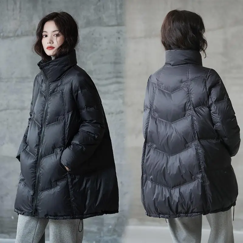 

Женская белая куртка средней длины с воротником-стойкой больших размеров, теплая ветрозащитная повседневная универсальная корейская ветровка для поездок на работу...