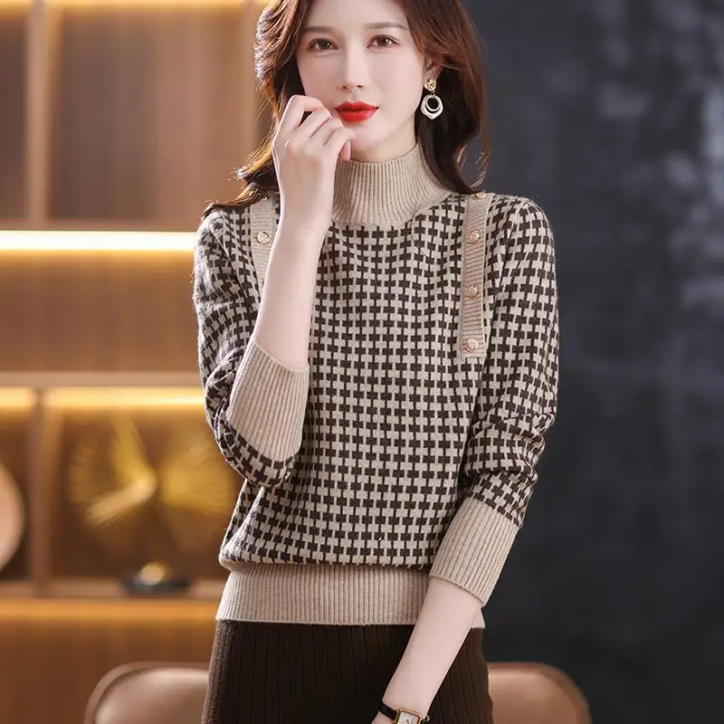 2023 Autumn and Winter Women's Half High Neck Simple Loose Knitted Shirt Thickened and Comfortable Versatile Knitted Top