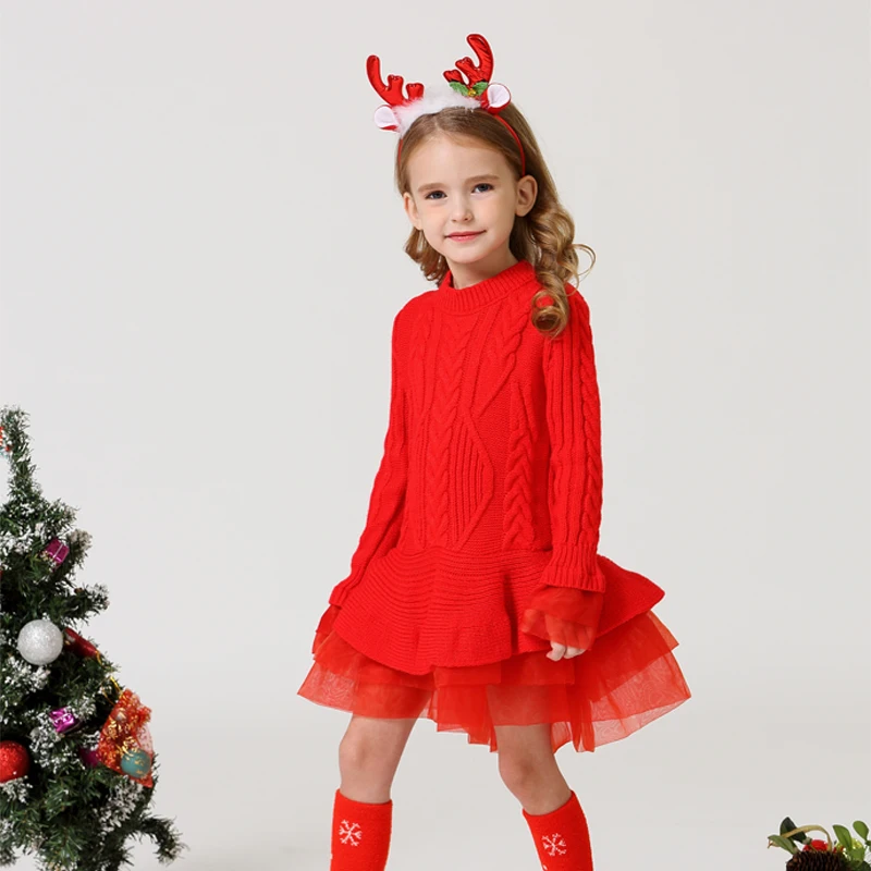 Autumn and Winter Girls\' New Long sleeved Mesh Sweater Tutu Dress Christmas Halloween Birthday Party Fashion Warm Woolen Dress