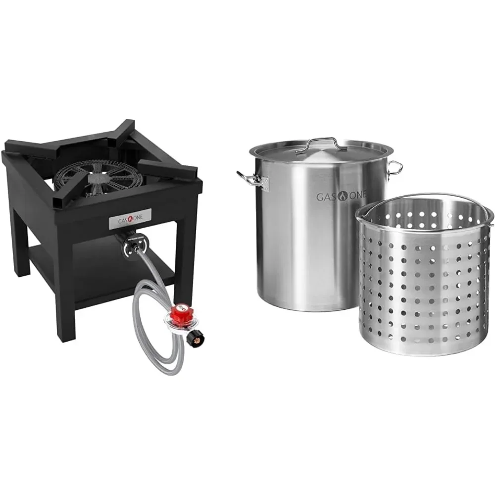 

GasOne 275,000 BTU Propane Burner Cooker With Regulator with Steel Braided Hose For Outdoor Cooking & Stainless Steel Stockpot w