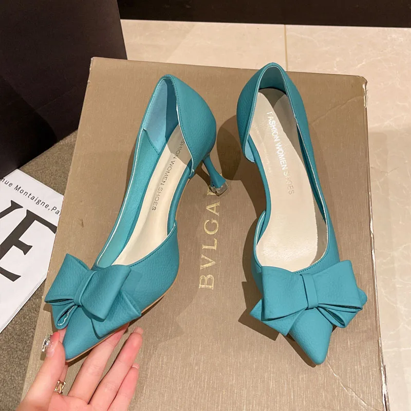 

2025 г., женские элегантные туфли на высоком каблуке с острым носком, туфли Orsay, модные однотонные туфли-лодочки с бантом, женские модельные туфли Tacones Mujer