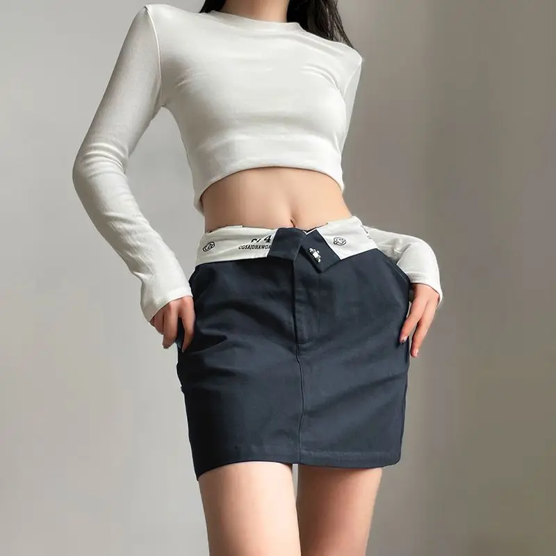 American Retro Hiphop Lapel Skirt High Waist Simple Short Skirt Korean Party Casual Women Street Fashion