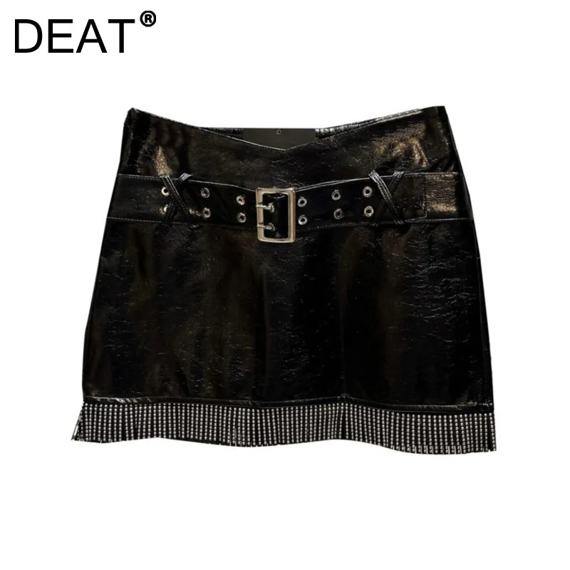 

DEAT Women's Skirt High Waist Black Pu Leather Rhinestone Tassel Wrap Hips Short Miniskirt 2024 New Fashion Autumn 11A01627