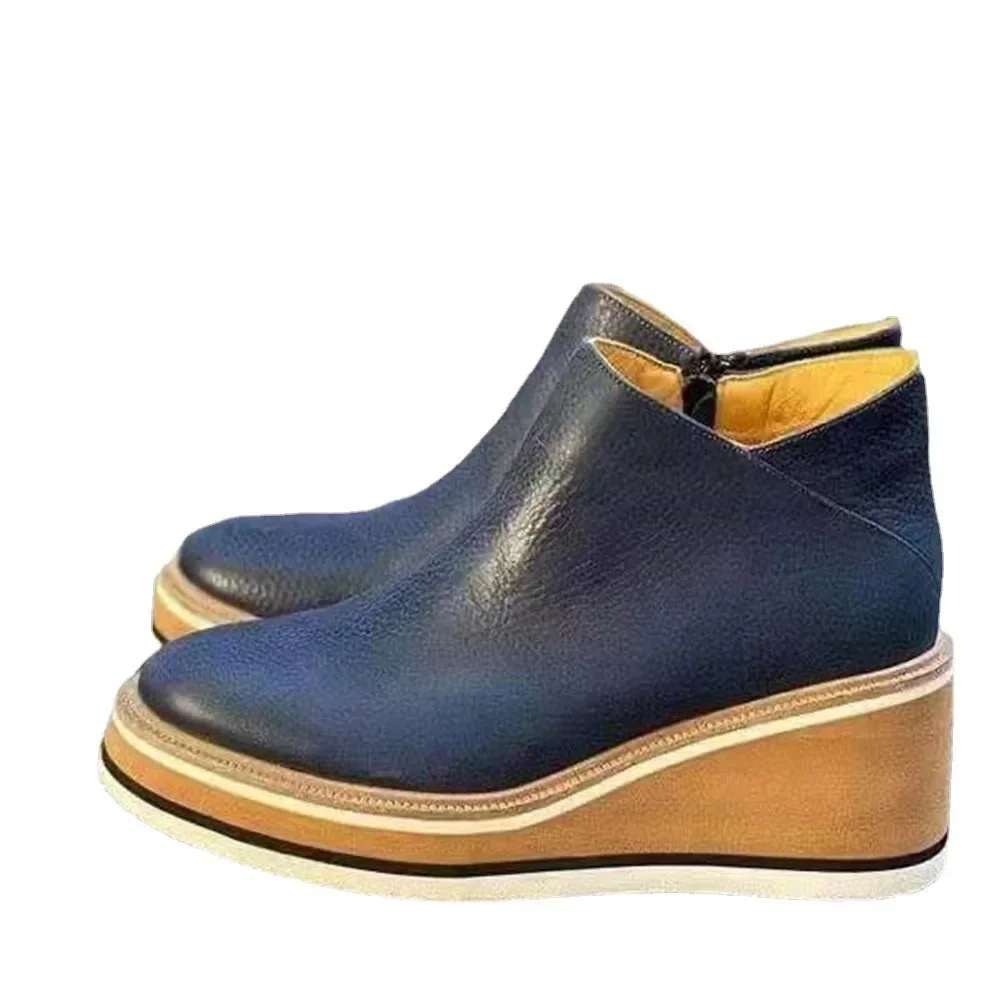 Stivali da donna con zeppa Stivaletti femminili retrò Tendenza Stivaletti con plateau e punta tonda Comode scarpe in pelle con cerniera per donna