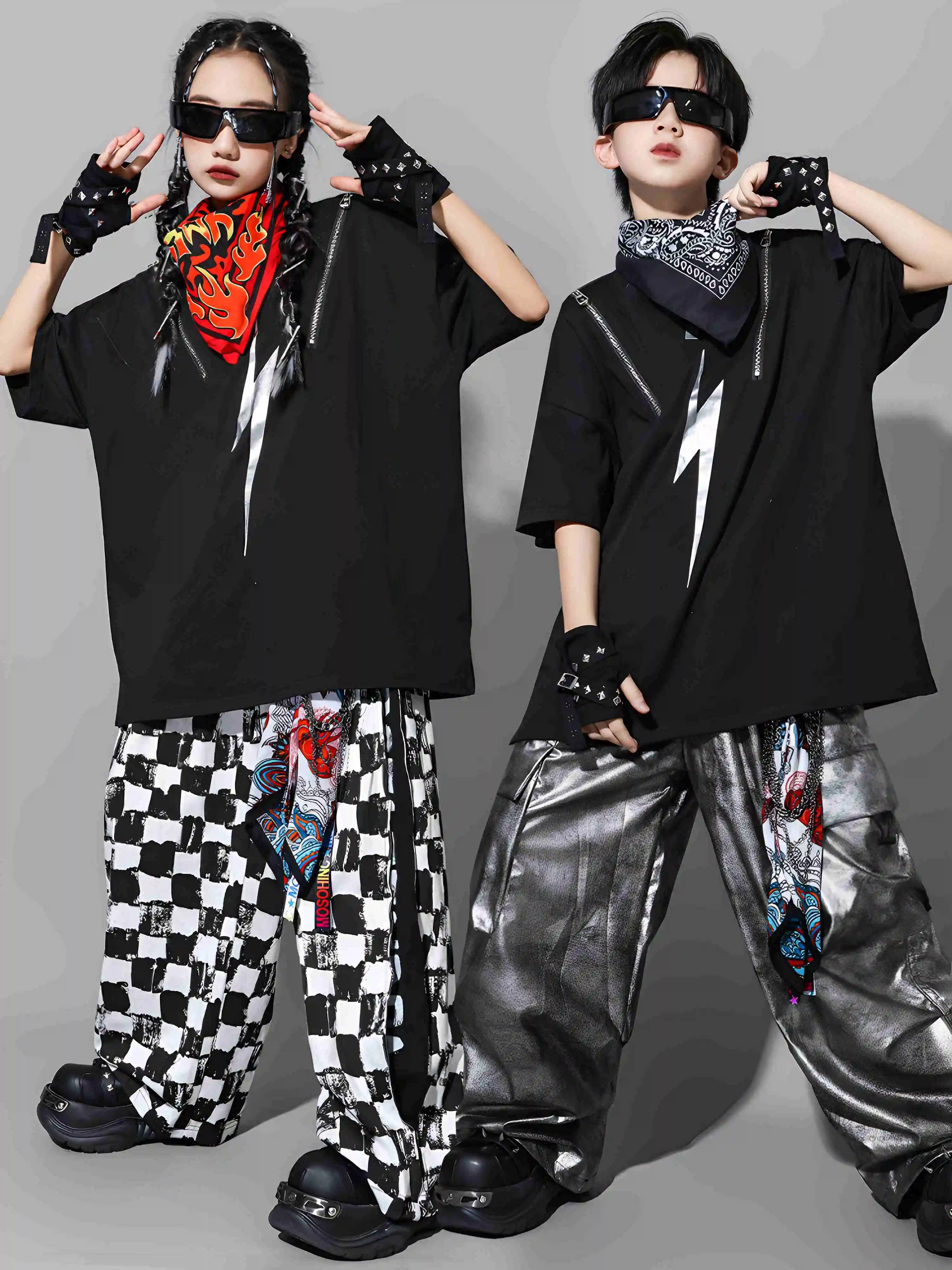 Bambini Ragazzi Hip Hop Maglietta nera Pantaloni a quadretti Baggy Maniche corte Chiusura Poppin Performance Costume Ragazze Jazz Outfit BL16434