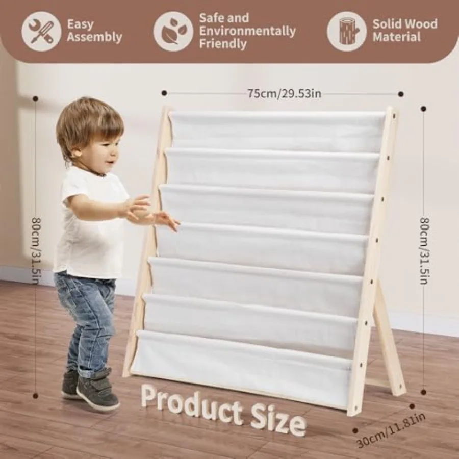 Wooden Bookshelf for 6 Tier Bookcase Storage Display Rack with Fabric Storage Pockets Easy Access Magazine Rack for 's Bedroom