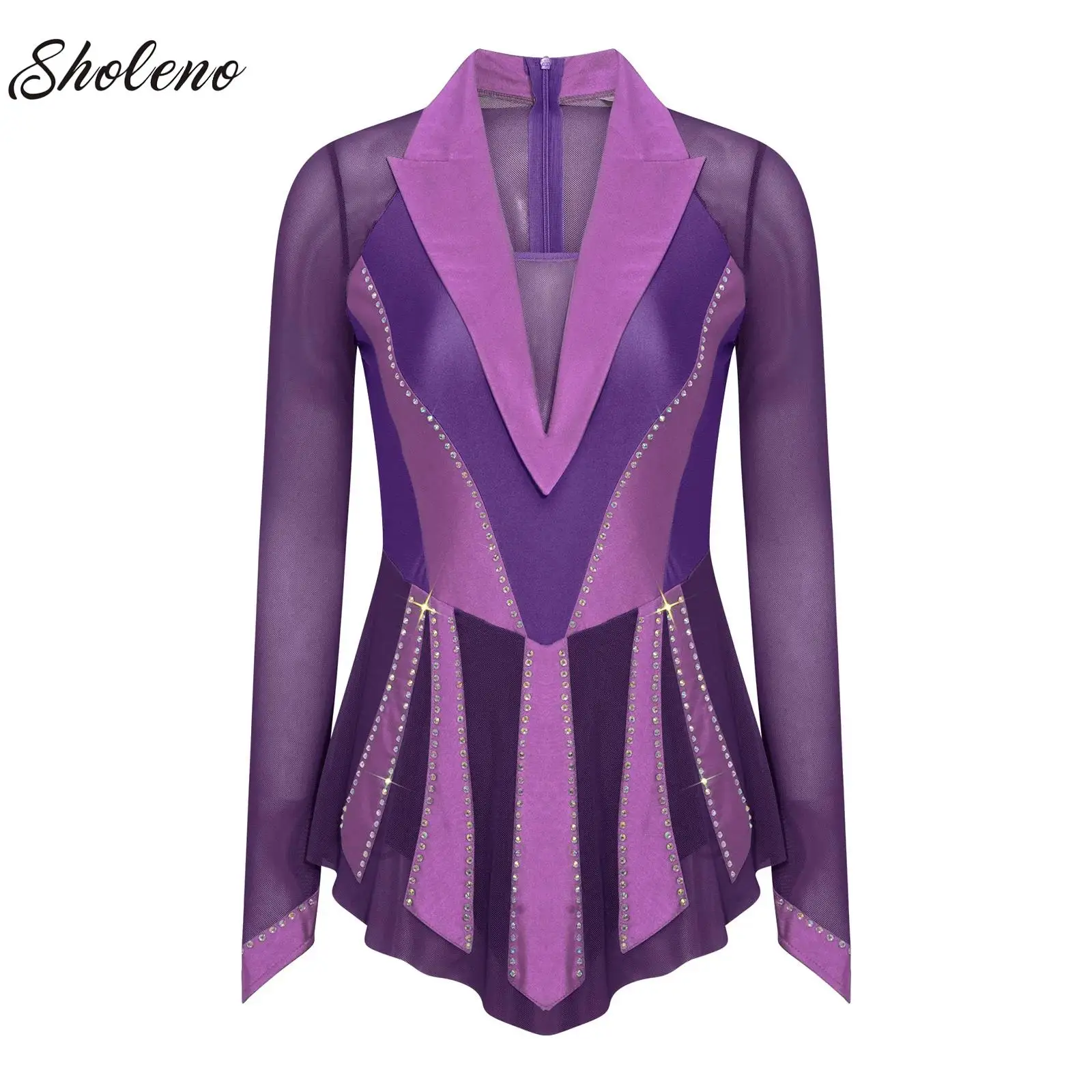 Robe de Ballet pour femmes, Costume de danse de patinage artistique lyrique, maille transparente, à volants, strass scintillants, robe de gymnastique rythmique