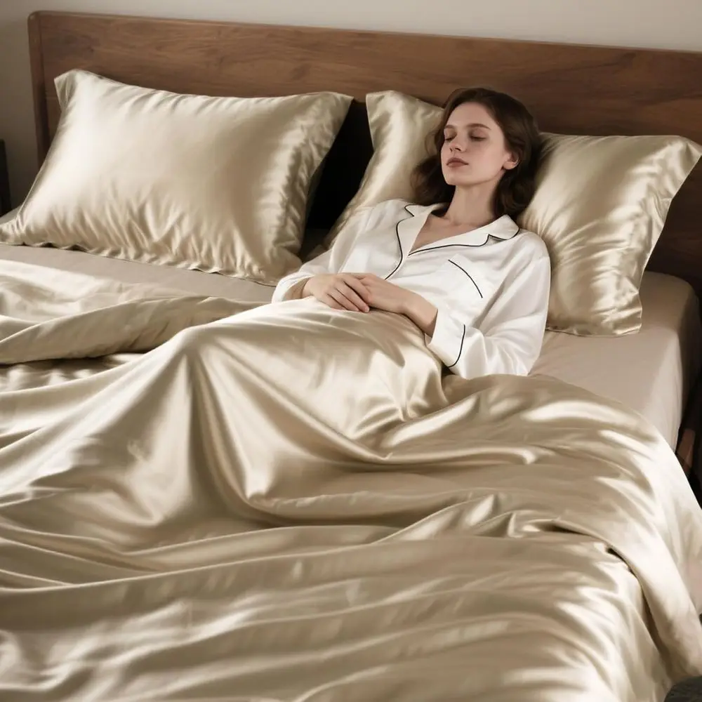 킹 사이즈 샴페인 골드 새틴 이불 커버 세트, 지퍼 클로저가 있는 3피스 럭셔리 소프트 침구