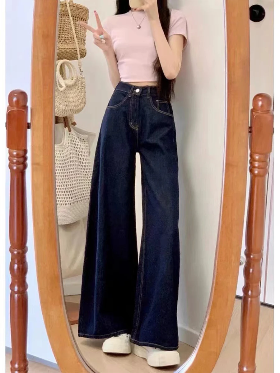 

Джинсы женские прямые, свободного кроя, с высокой талией, в американском стиле, длиной в пол, весна-осень, синие, больших размеров