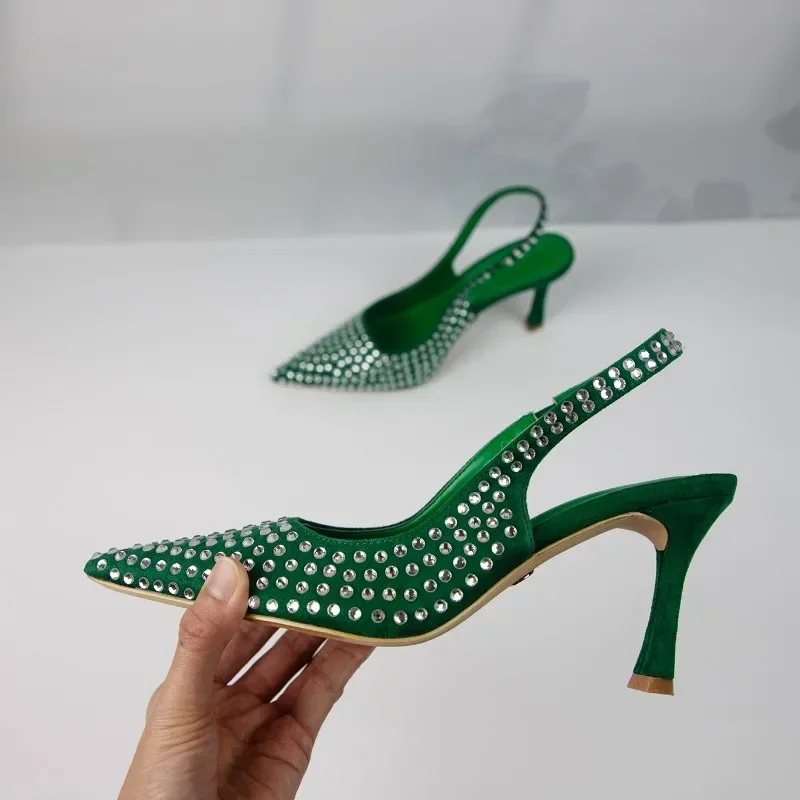 

New 2025 Summer Heel Sandals Women Fashion Luxury Rhinestones Trendy Party Slingbacks Stiletto Elegant Pointed Toe Ladies Pump