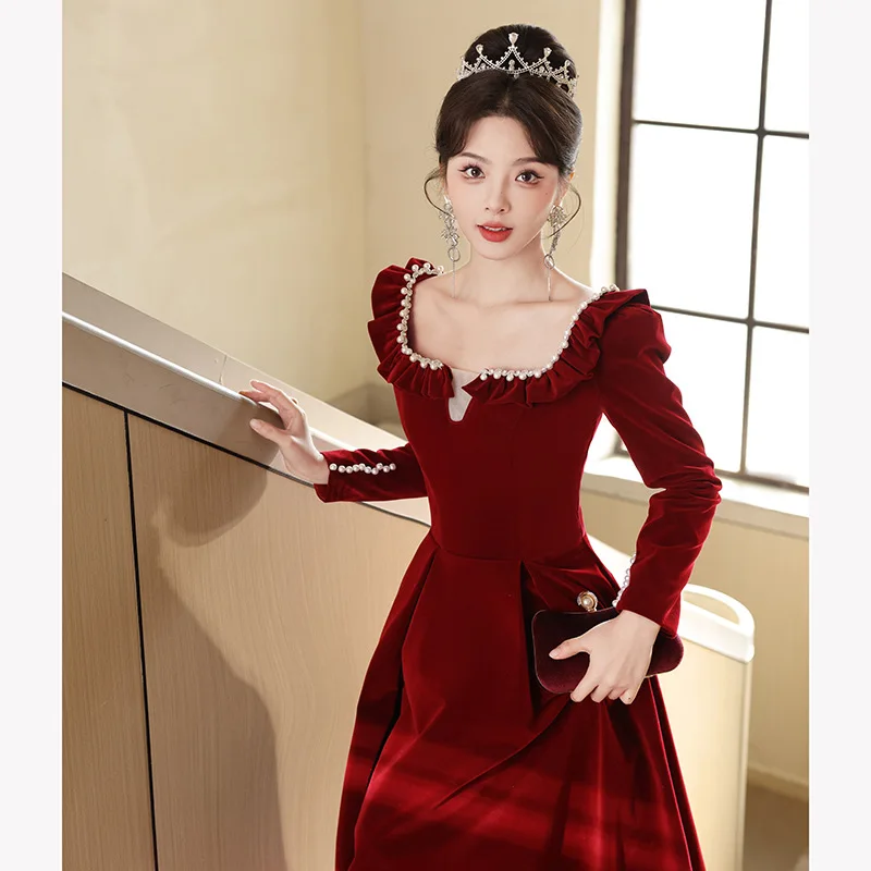 Red Evening Dress  Women In Autumn Winter Bride With  High-end Feel French  Dress  Daily Engagement Evening Wear 2024 New