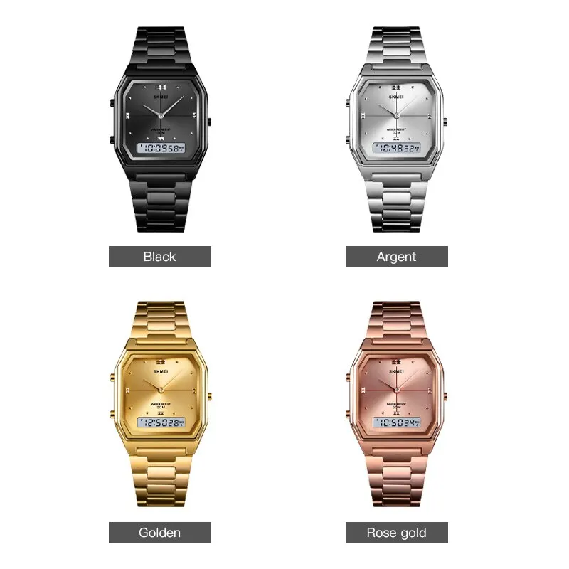 Skmei-Montres-bracelets numériques étanches en acier inoxydable pour hommes et femmes, marque de luxe supérieure, DNono, affichage de l'heure à 3 niveaux, 5 bars