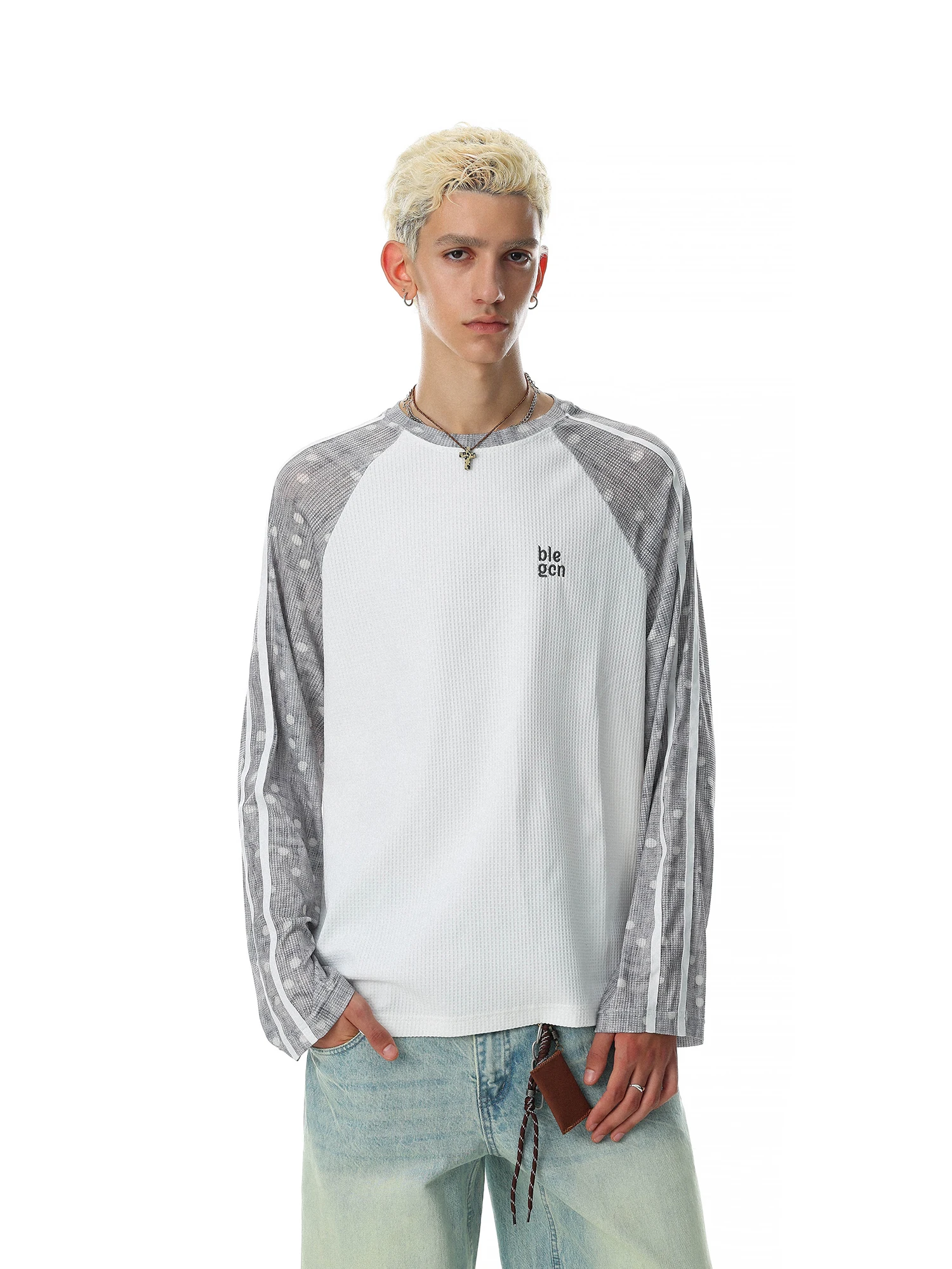 Loose Casual American Retro Color Block Long Sleeve T-Shirt Men's Shoulder Insertion Sport Style Top Skin-friendly Breathable
