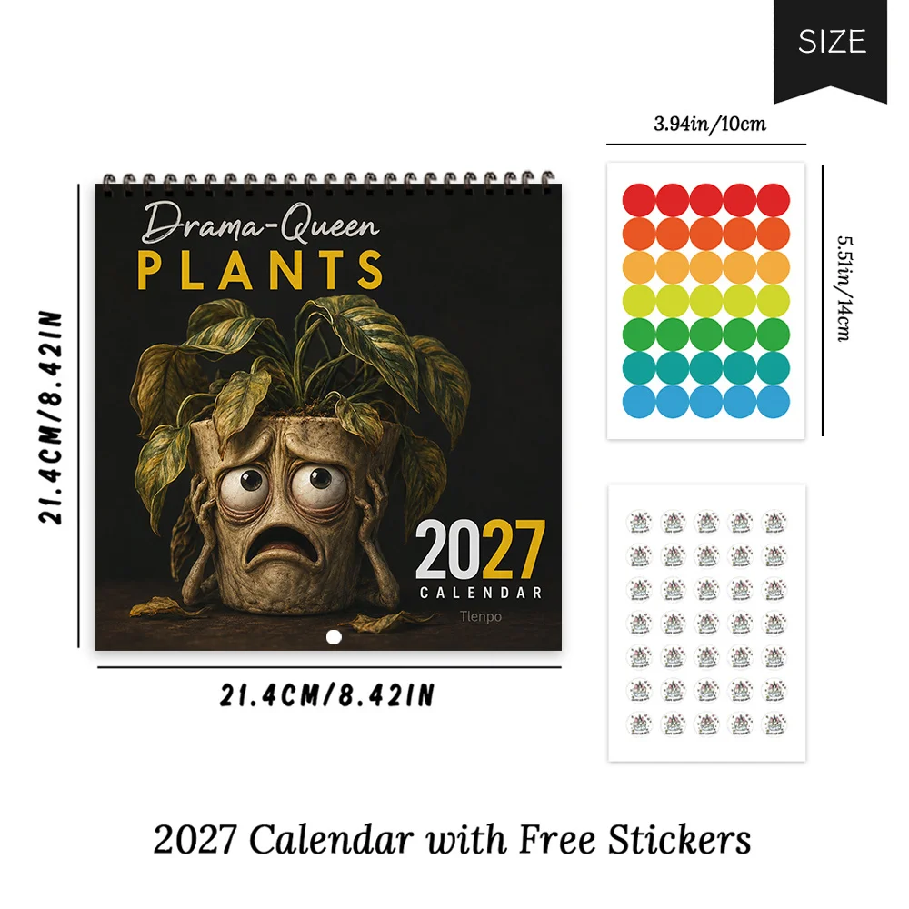 1pc 2027 Drama Queen Plant Wall Calendar,12‑Month Planner,Gift For Back‑to‑School,Christmas,New Year,Free Stickers Included
