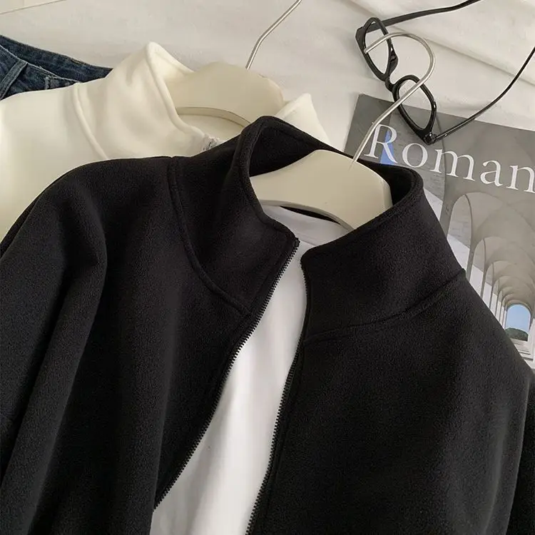 Black Double-Sided Fleece Zipper Thickened Short Sweatshirt Women's Autumn Winter Warm Outerwear Casual Versatile Commute Style