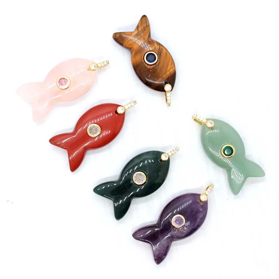 Charms Natural Healing Crystal Fish Stone Pendants For Women Amethyst Rose Quartz Inlay Rhinestone Choice Men Jewelry Gifts