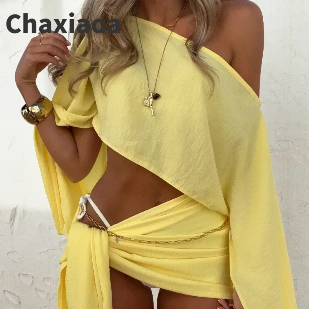 

Chaxiaoa Beach Skirt Sets Women Fashion Off The Shoulder Crop Top and Mini Skirt Outfits Summer Sexy Bandage Holiday 2 Piece Set