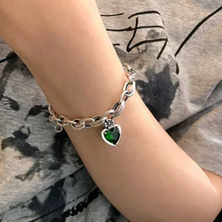 Romantic Love Heart Shiny Green Crystal Retro Thai Silver Female Charm Bracelet Jewelry For Women Valentine's Day Gifts No Fade