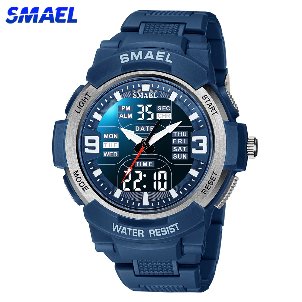 SMAEL Alloy Case Sport Watch Men Military Quartz Watch Blue Back Light Dual Display Wristwatch Male Stopwatch LED Digital Clock