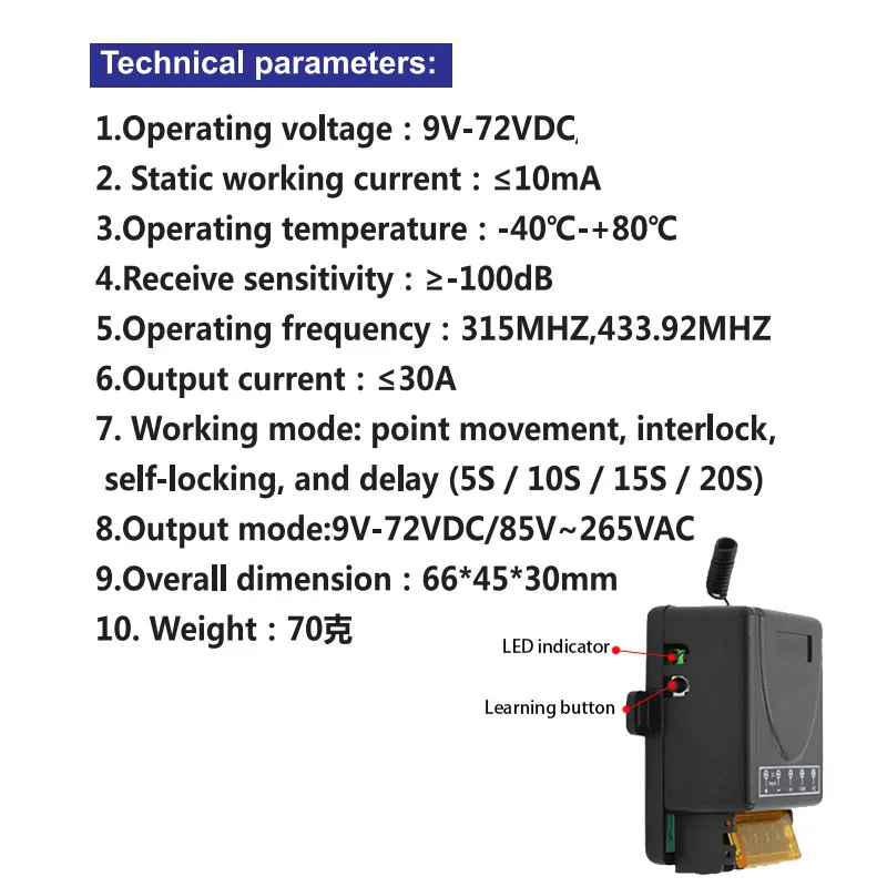 433MHzワイヤレスリモートコントロールスイッチDC 12V/24V 30A 1CHリレー受信機固定コード送信機 ガレージゲートモーターライトON/OFF用