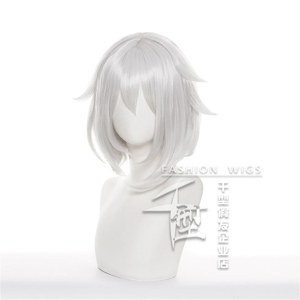 Paimon شعر مستعار تأثيري فضي أبيض قصير مقاومة للحرارة الاصطناعية أنيمي الباروكات + غطاء شعر مستعار