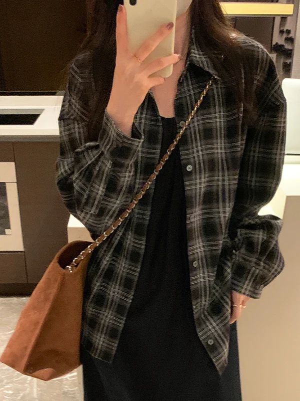 

plus Size 300 Pounds Fat MM Early Spring New Korean Loose Casual Retro Plaid Shirt Jacket Long Sleeve Women's Trend 2