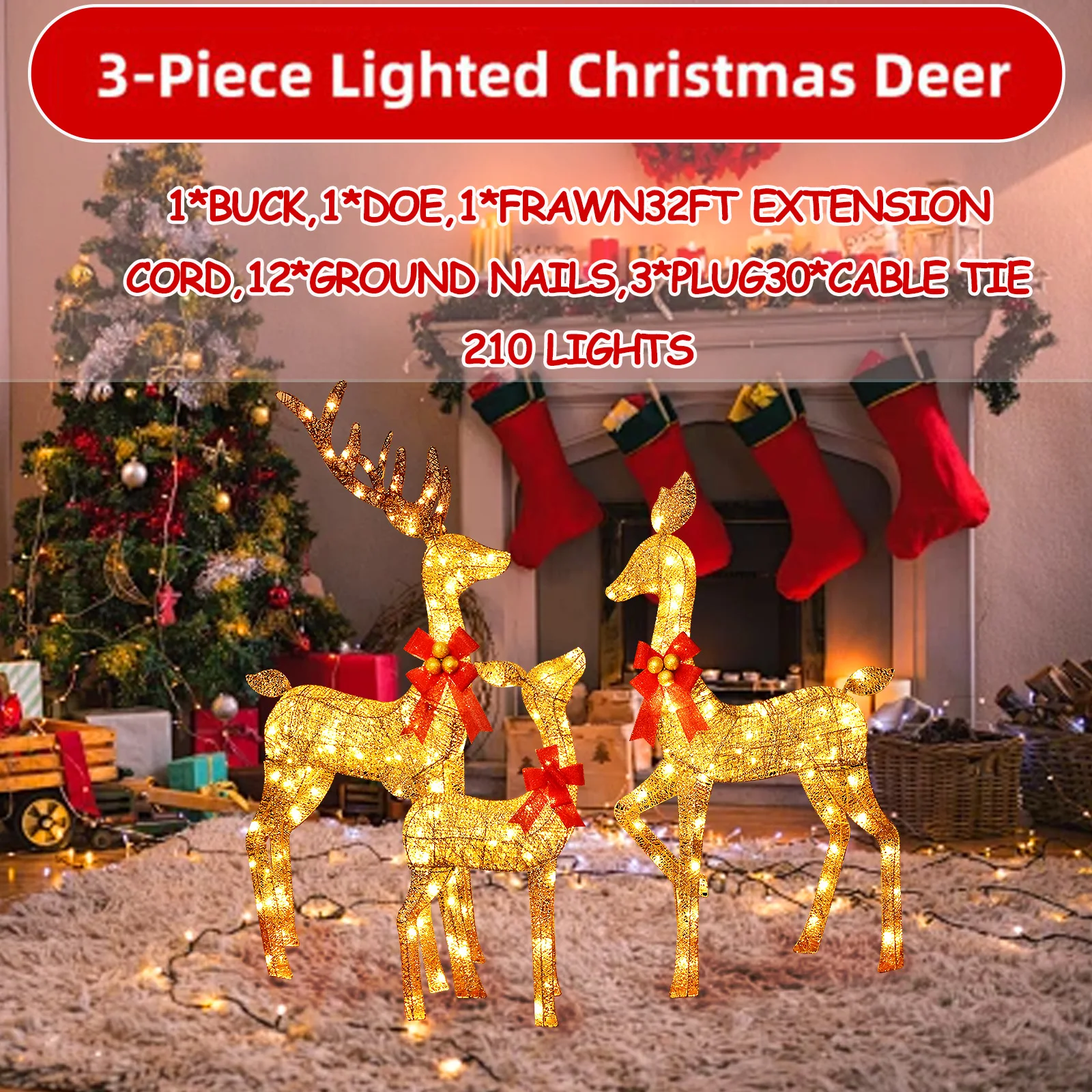 

3D 3-Piece Lighted Christmas Deer Family Set Outdoor Yard Reindeer Holiday Decoration with 210 LED Lights up festive atmosphere