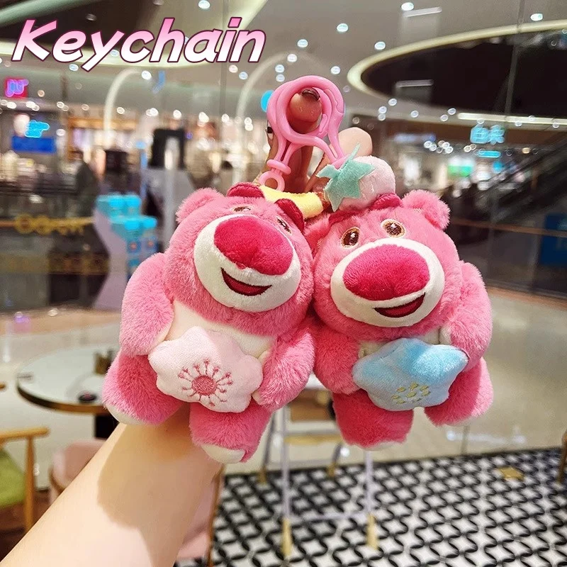 

Disney Plush Strawberry Bear Key Chain Backpack Hanging Ornament Cute Small Pendant Female School Bag Couple Key Chain Pendant