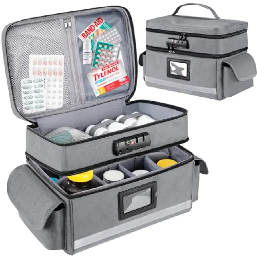 

Medicine Storage Bag with Combination Lock, Double Layers Pill Bottle Organizer Bag Empty, Medication Locking Box with Zippers