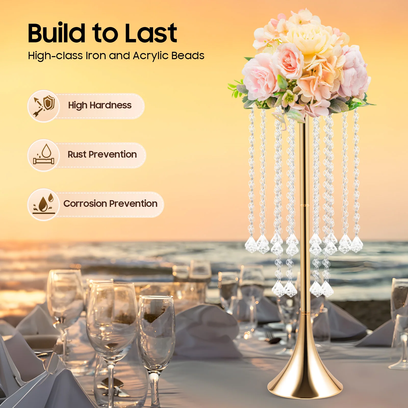 

10-Piece Gold Flower Vases Iron & Acrylic Beads Material, Electroplating&Polishing Processes With Hand-strung Beads For Parties