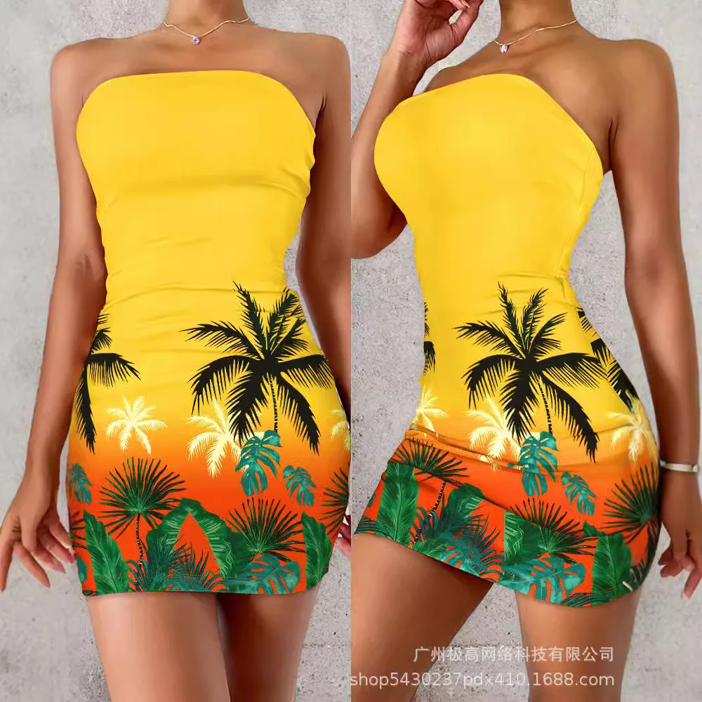 Women's Clothing New Strapless Sleeveless Floral Flower Printing Tight Mini Dress Bodycon Slim Sexy Dress