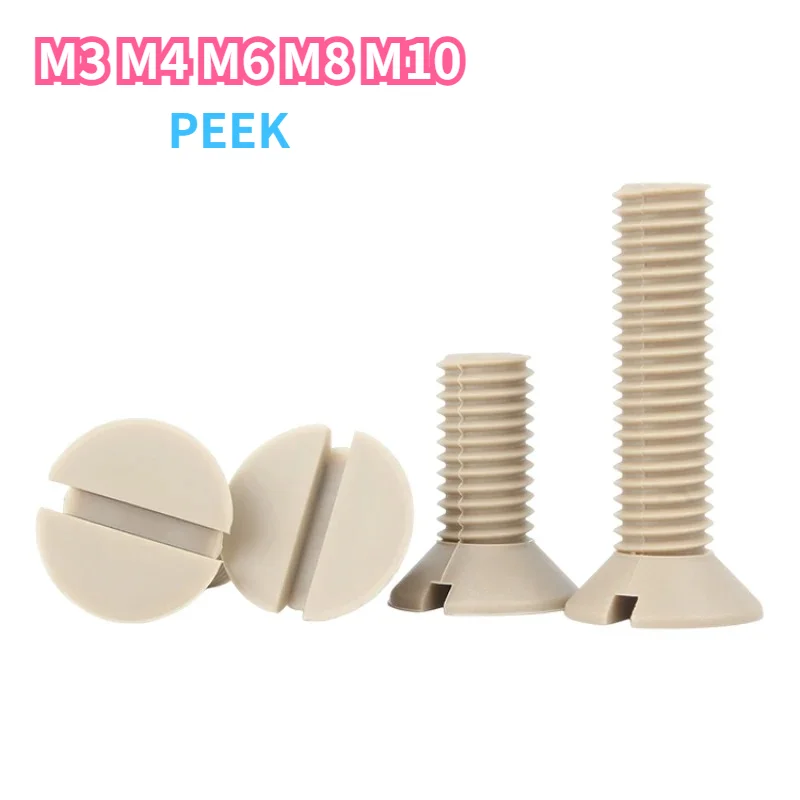PEEK Slotted Flat Countersunk Head Machine Screw M3 M4 M6 M8 M10 Heat Resistant Acid Alkali Insulated Plastic Bolt