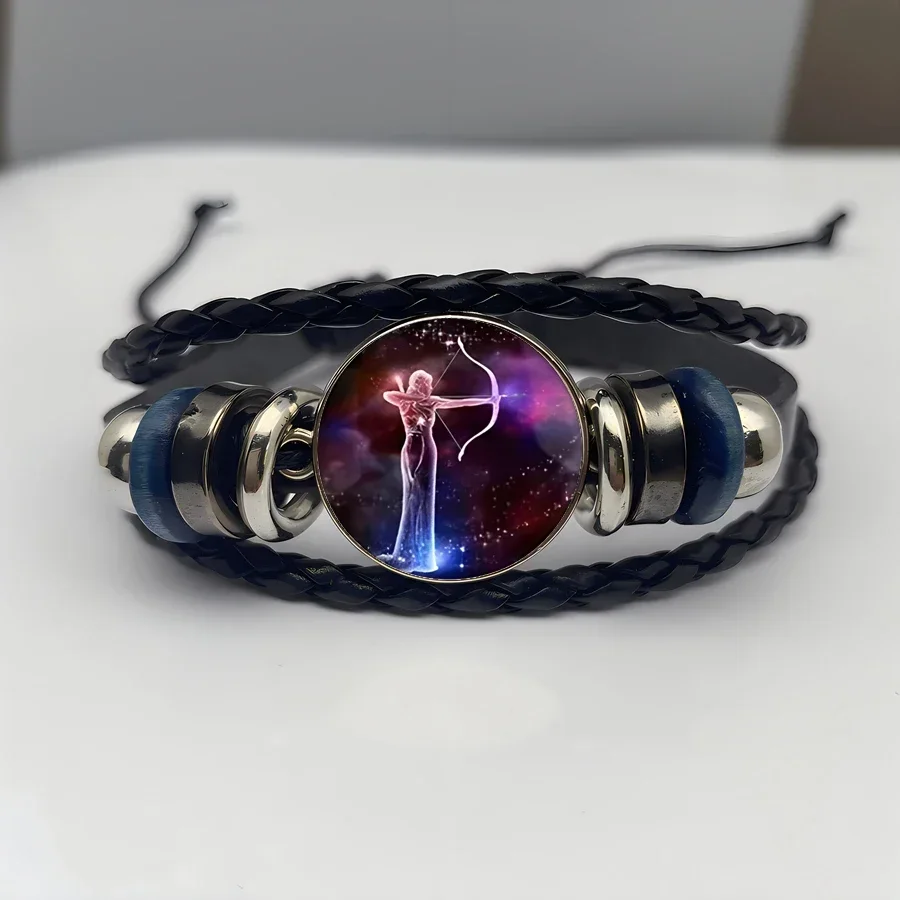 New 12 Constellation Zodiac Black Braided Leather Bracelet Leo Virgo Taurus Glass Dome Jewelry Punk Men's Bracelet