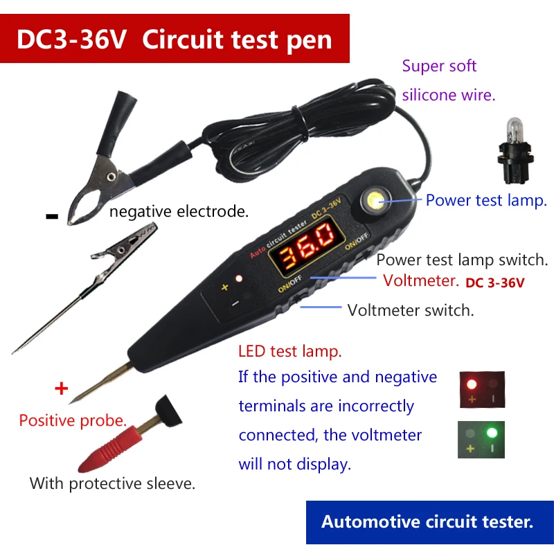 Nuovo arrivo! Penna elettrica automatica DC 3-36V, luce di prova per riparazione automatica, luce di prova a LED, Tester automatico del circuito