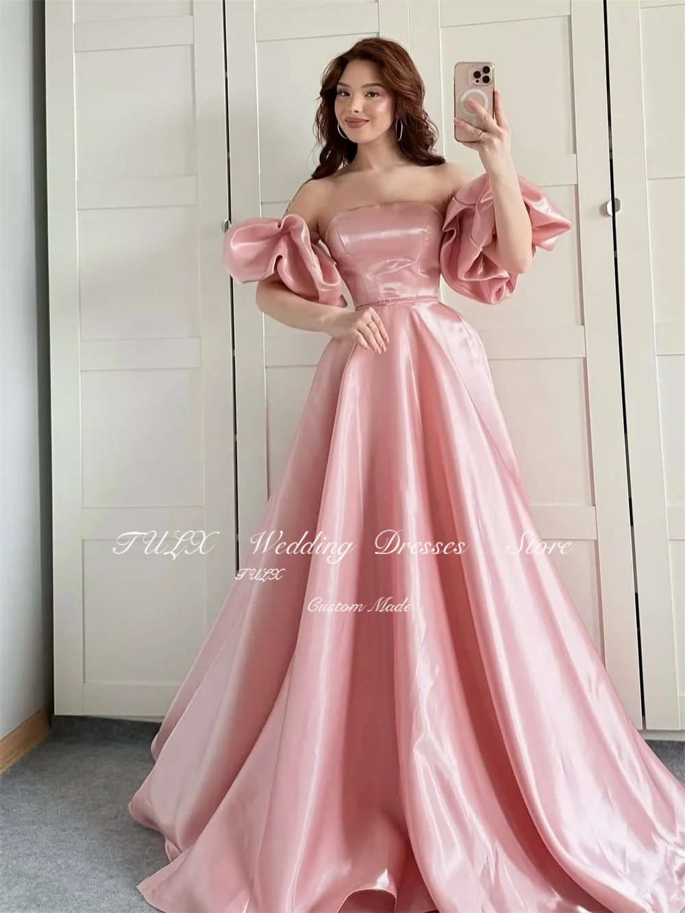 TULX – robe de soirée en Satin rose, sans bretelles, manches bouffantes, ligne A, longueur au sol, robe d'événement formelle arabe personnalisée