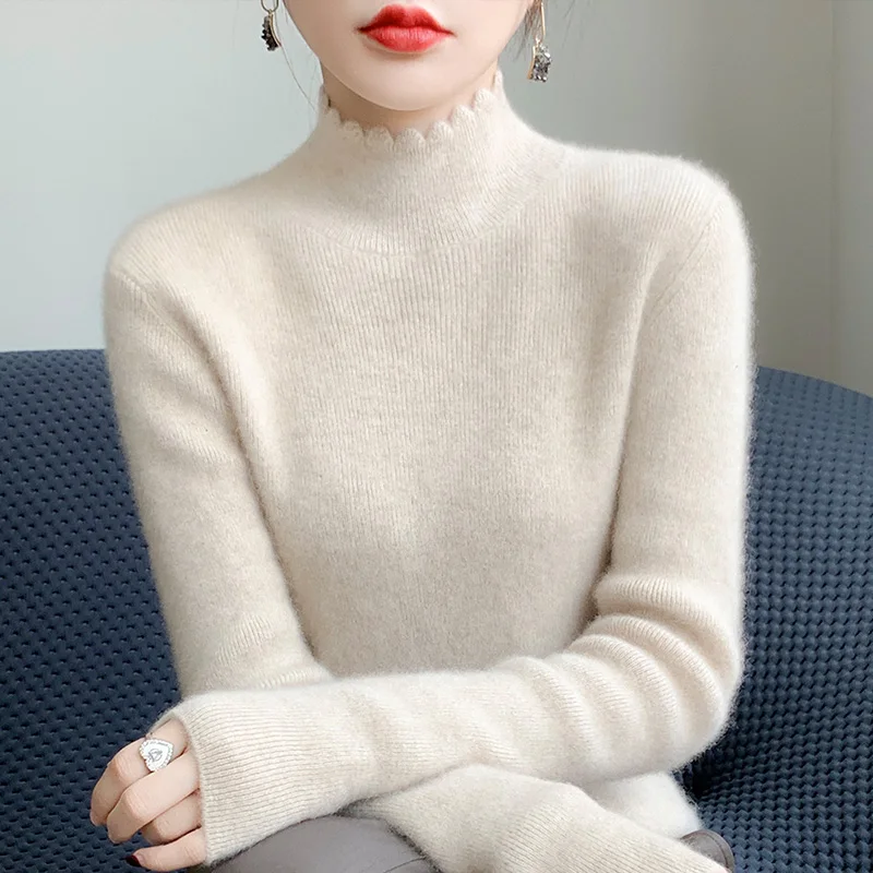 2023 Autumn Winter New Cashmere Sweater Women Mock Neck Knitted Sweaters Loose Fashion Cashmere Sweater
