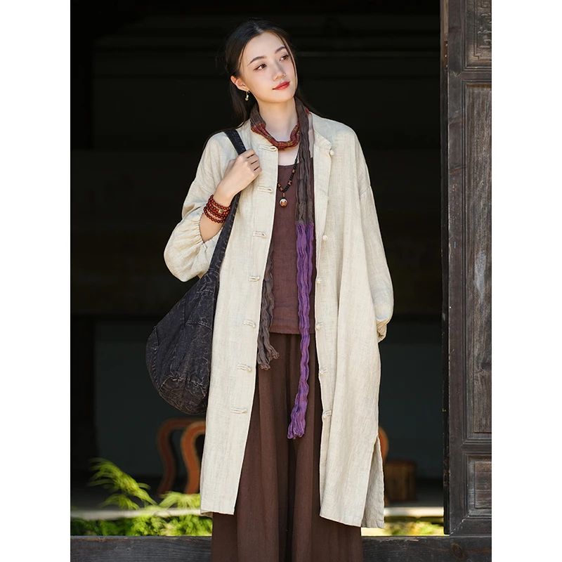 2025ใหม่มาถึงฤดูใบไม้ผลิฤดูใบไม้ร่วงผู้หญิงหลวมสบายๆวินเทจผ้าฝ้ายผ้าลินินยาวTrench O-คอเดี่ยวBreastedเสื้อเอวกว้างy103