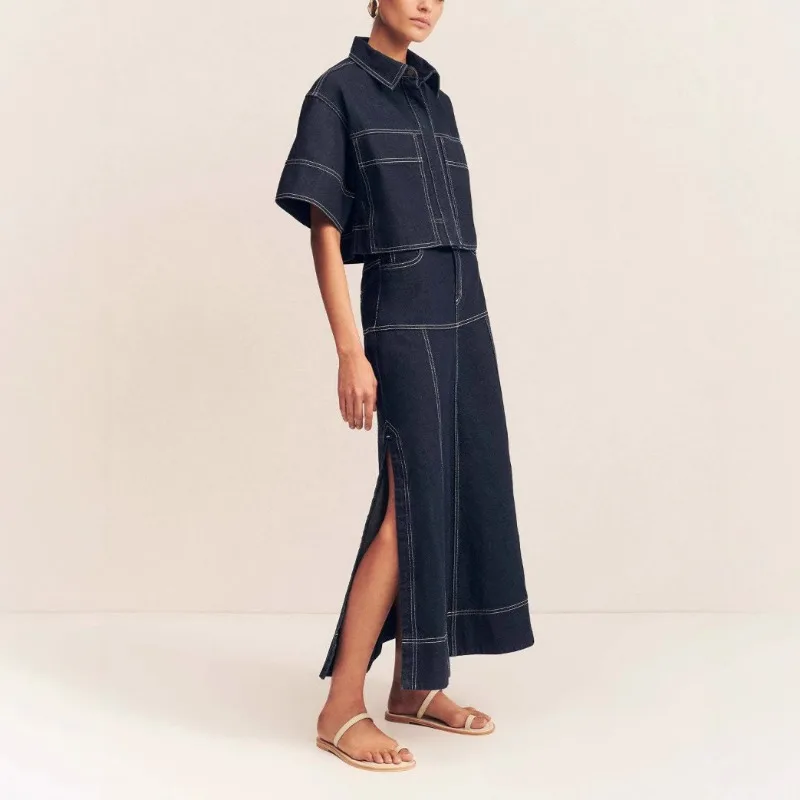Set Dua Potong Wanita Atasan Kancing Kerah Lengan Pendek + Rok Maxi Pinggang Tinggi Setelan Pakaian Musim Panas Pakaian Denim Kasual Wanita
