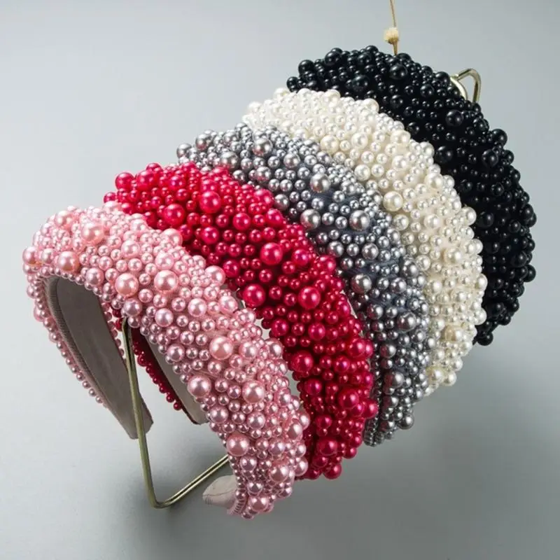 A52E Luxurious Soft Sponge Hair Accessory Elegant Pearls Bead Embellished Hairbands
