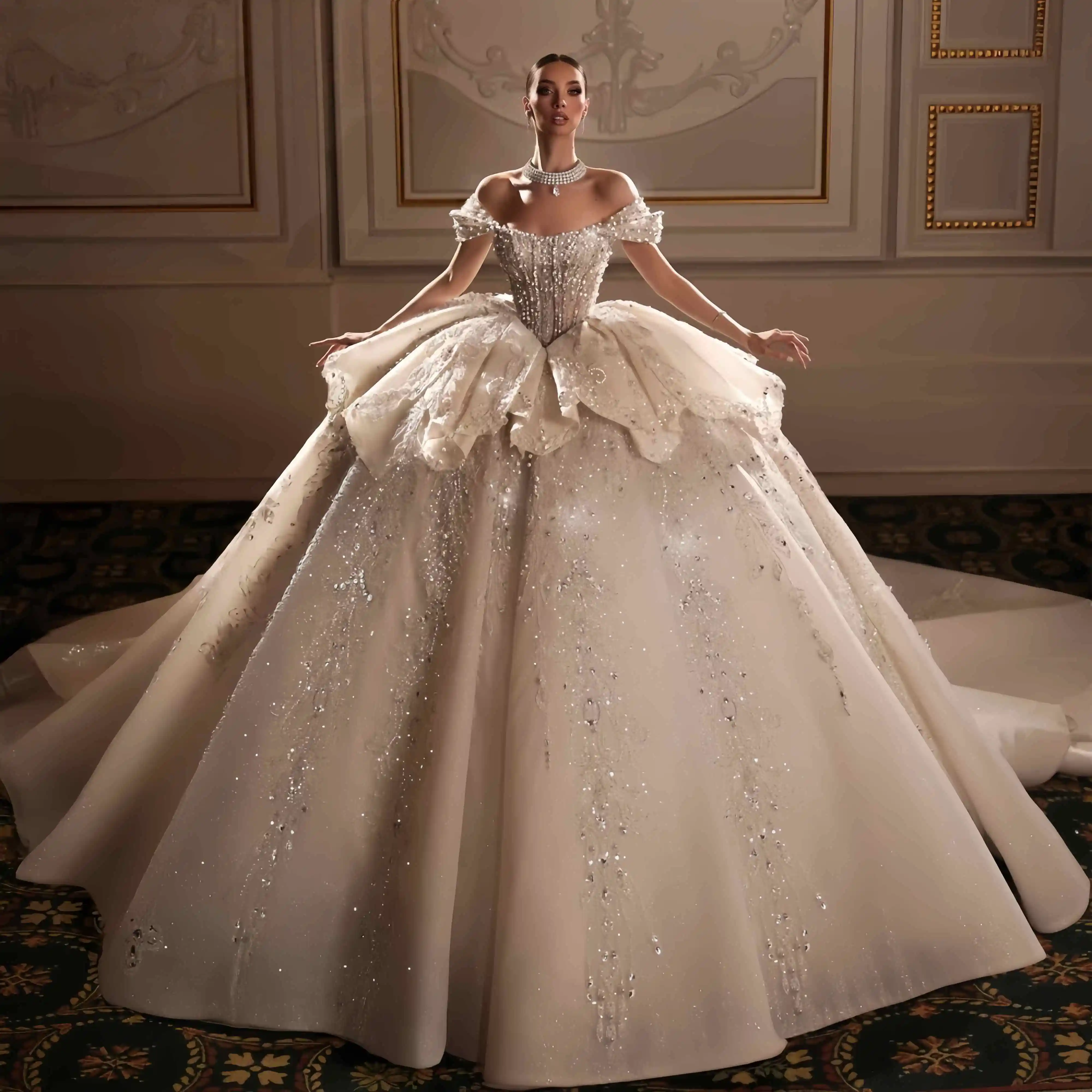 Wedding Dress New Heavy Industry Luxury Embroidery Off Shoulder Style Bridal Dreamy Starry Sky Glitter Large Tail Customized