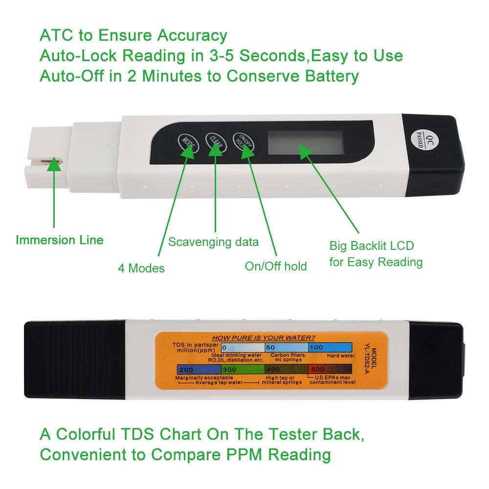 3 in 1 TDS/EC/TEMP Water Quality Tester 0-9990ppm Digital Conductivity Meter LCD PPM Tester for Drinking Water Aquariums Filter