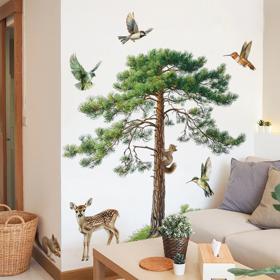 3Pcs Animal Tree Wall Decals For Kids Room, Nursery Squirrel Deer Birds Wall Stickers, Removable Peel And Stick Nature Art Decor